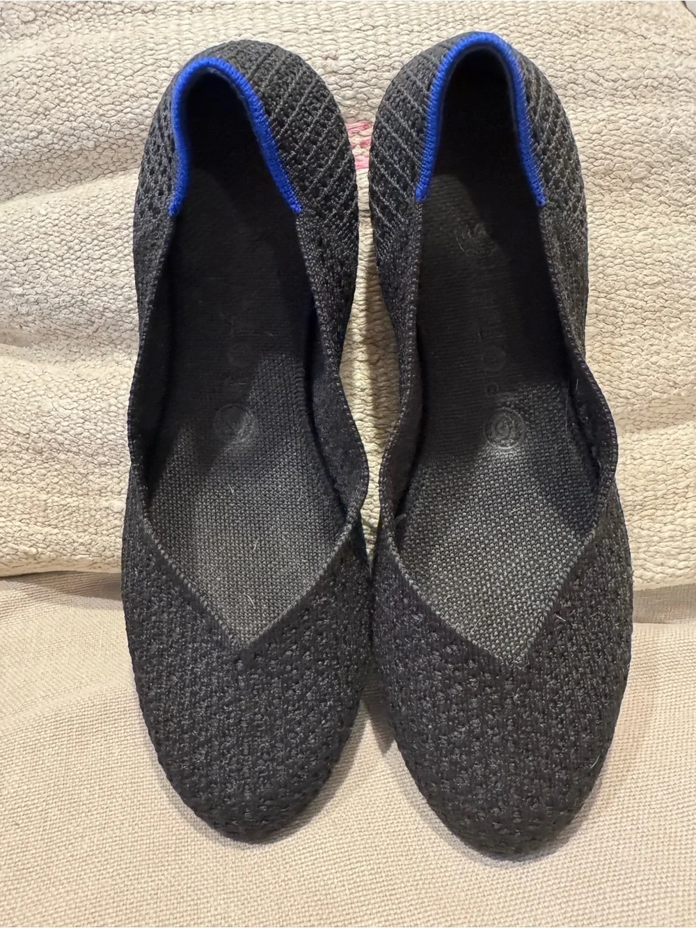 Rothy’s - The Point - Black Knit Flats with Blue Heel Trim- Shrunk / Fits Like 8